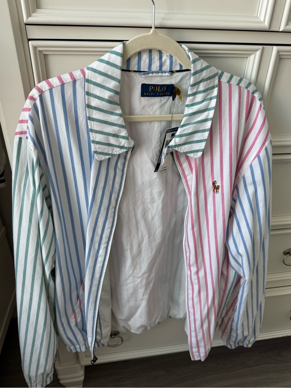 Ralph Lauren Pink, Green and Blue Striped XL Zip up jacket. Slight flaws.